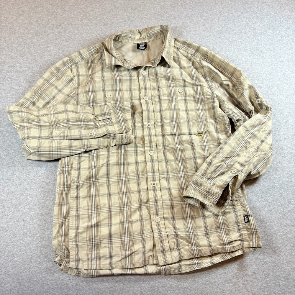 REI Co-op Button Down Shirt Mens Medium Tan Plaid Sahara Long Sleeve Hiking